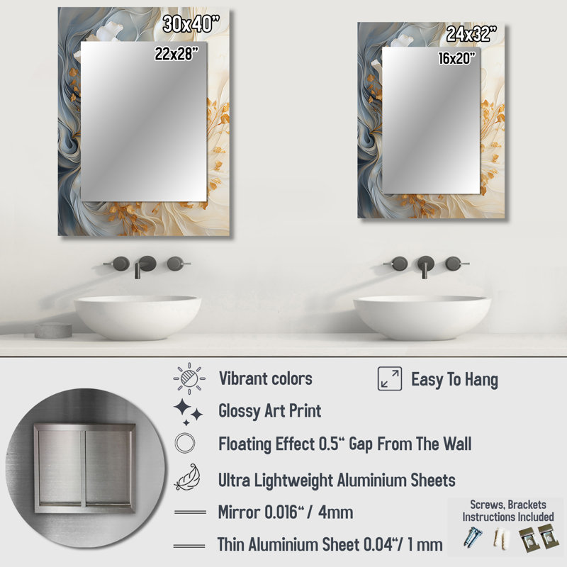 Blanc et or champagne flux V - miroir champagne, miroir mural traditionnel unique, impression d'art en métal, 32 po x 24 po