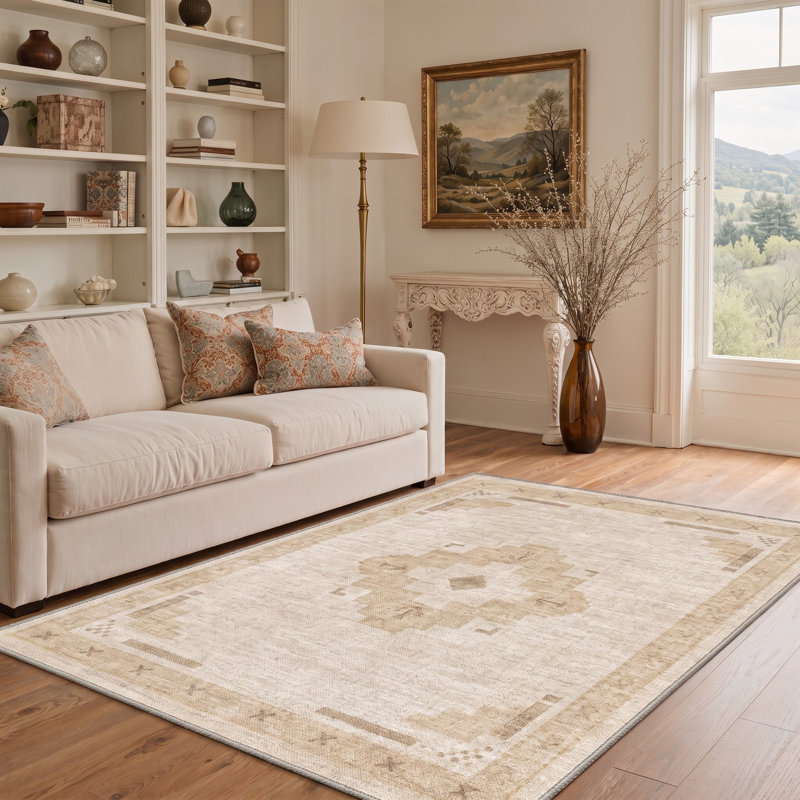 Tapis beige à motif géométrique moderne antidérapant lavable à poils courts, Rectangle 4 pi x 6 pi
