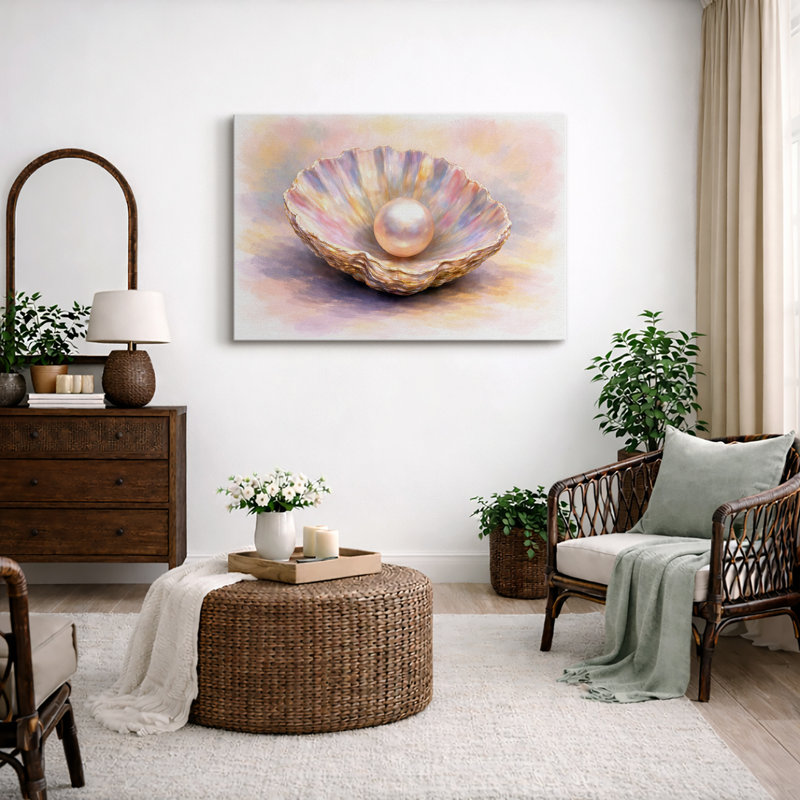 Illustration de coquille de perle colorée, décor de bord de mer pastel doux, images de chambre à coucher, impression sur toile encadrée