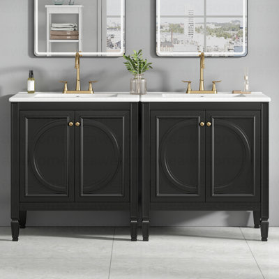 Ensemble de meuble-lavabo 60 po avec lavabo double 60 po, lavabo en céramique, portes à fermeture en douceur avec tablette, tiroir de rangement, noir