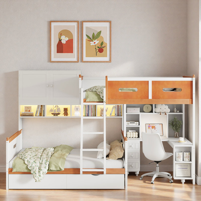 Wooden Bunk Bed With Desk, Drawers, Open Shelves, Cabinet And Led Light