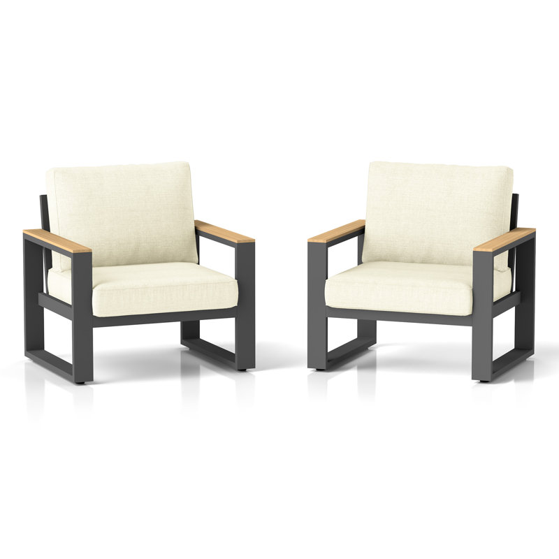 2-Piece All Aluminum Outdoor Chair with Heat-Resistant Wooden Armrest & Soft Cushions, Beige