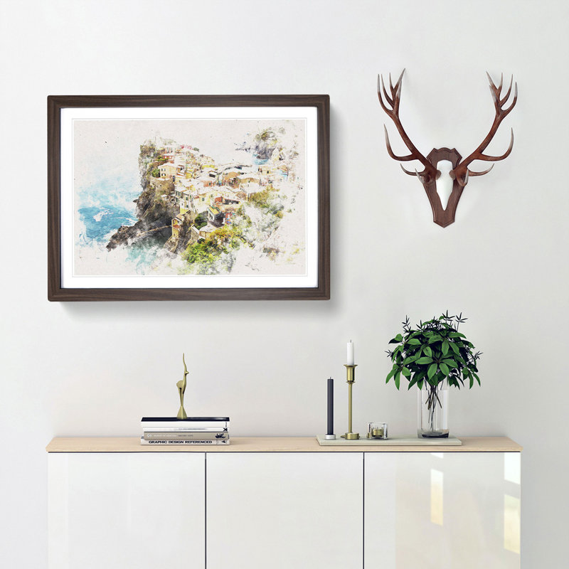 View Of Cinque Terre In Italy Watercolour - Framed Print, Walnut, 62cm H x 87cm W x 2cm D