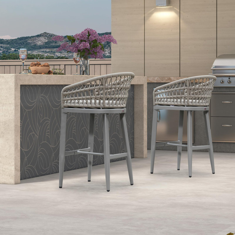  Ensemble de 2 tabourets de bar d'extérieur en osier de 29 po pour l'extérieur Boho, Blanc / gris clair