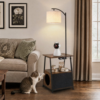62" Balck Modern Wood Floor Lamp with Fabric Drum Shade, Built-in Table & Pet Hole, Dimmable light