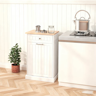 Armoire poubelle autoportante inclinable avec tiroir et plateau durable pour l'organisation de la cuisine et le rangement multi-usage.