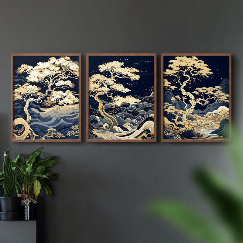 Lanscape Study Series XLI -Set de 3 estampes numériques giclées -Prêt à accrocher, Cadre noyer, H 10 po x l 8 po