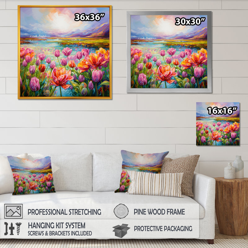 «Purple Tulips Field By The River II», reproduction sur toile, Cadre flottant blanc, H 24 po x l 24 po x P 1 po