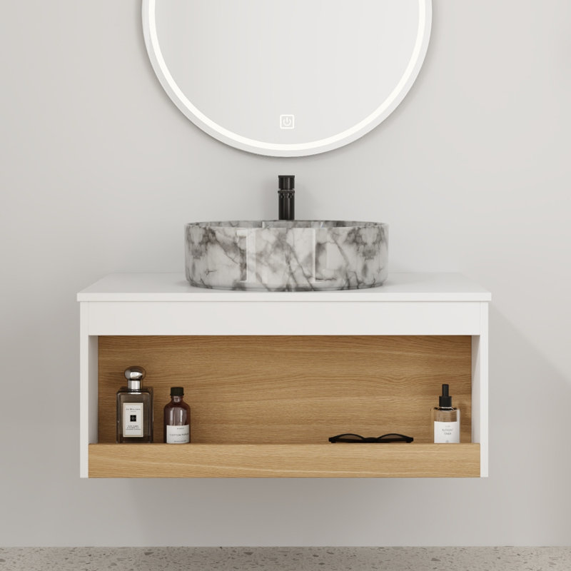 Ensemble de meuble-lavabo flottant 30 po - Design mural peu encombrant avec vasque, White with grey patterns