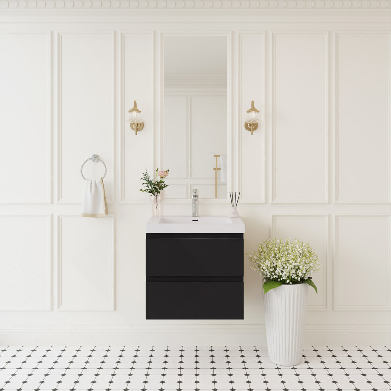Meuble-lavabo mural 24 po avec lavabo, meuble-lavabo mural moderne avec lavabo à surface solide et tiroirs à fermeture en douceur