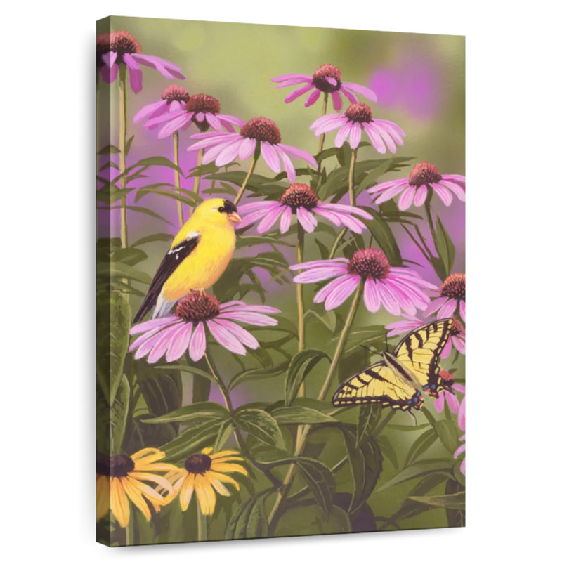 Harnek papillon et pinson parmi les fleurs, H 12 po x l 8 po