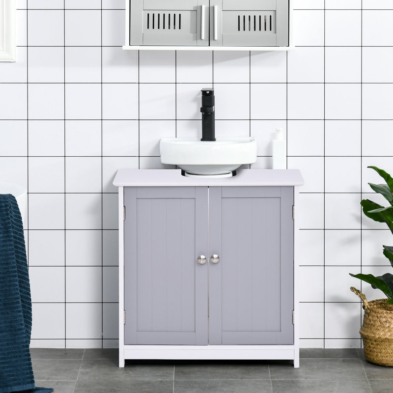 Armoire de rangement sous le lavabo avec espace en U. Blanc et gris. Offre un espace de rangement supplémentaire. Tablette réglable. Solide. L 23,5 po x P 11,49 po. Supporte le rangement de salle de bain de 22 lb, armoire