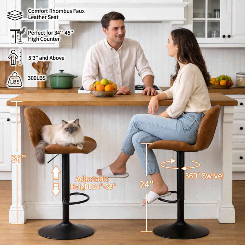 Adjustable Swivel 24"-33" Height Rhombus Faux Leather Bar Stools with Back for Kitchen Island, 4, Brown
