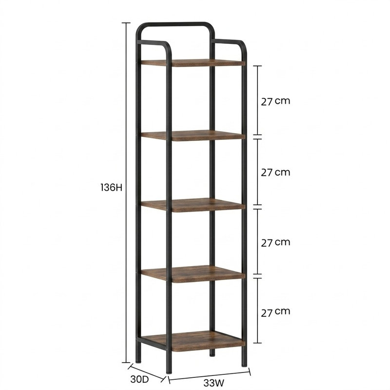 Industrial 5-Tier Narrow Bookcase - Slim Storage for Any Room