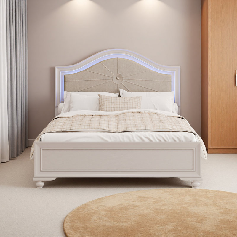 Grand lit moderne en bois avec tête de lit tapissier incurvée à lumière DEL dissimulée, sans sommier tapissier, gris crème
