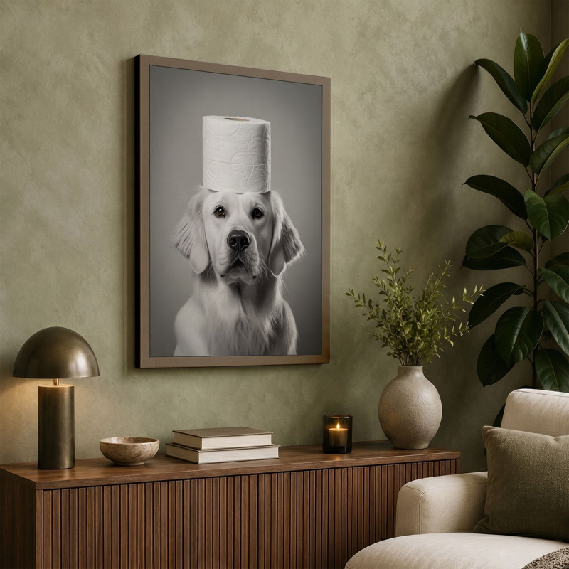 Toilet Paper Dog Modern - Wrapped Canvas, 30x20 - 76.2 x 50.8 cm, Taupe Border