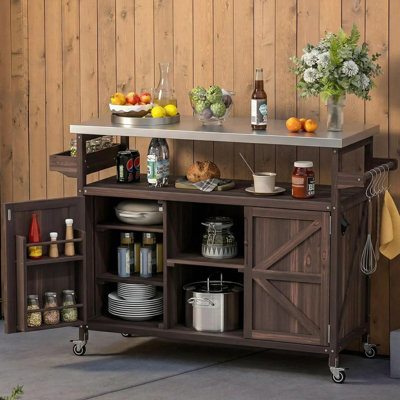 Chariot de barbecue extérieur en bois de sapin avec plateau en acier inoxydable, porte-épices et porte-serviettes