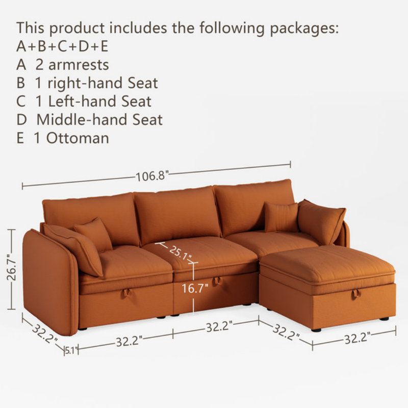Canapé modulaire rembourré réversible 4 pièces Geralte, Molleton doux orange