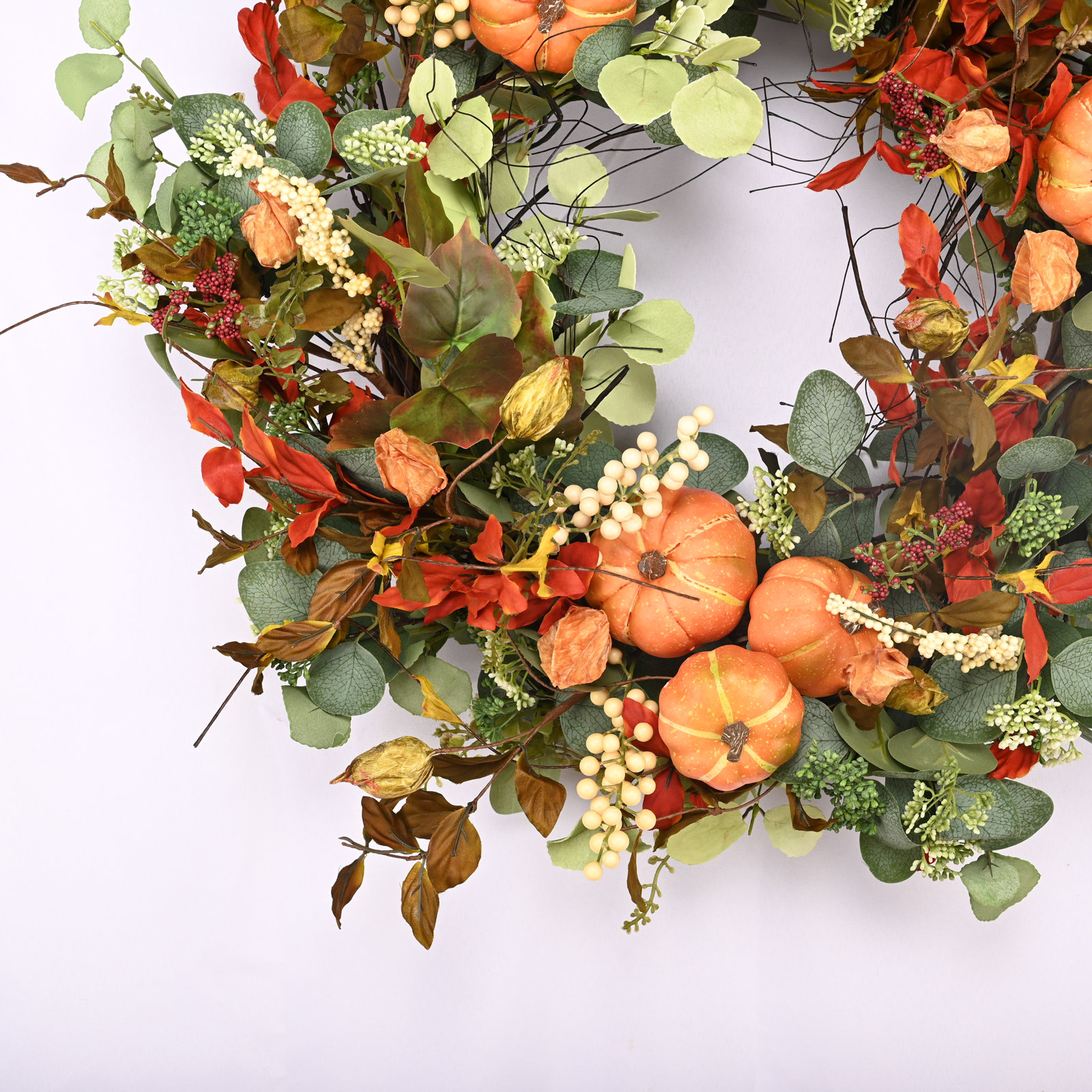 26" Handcrafted Pumpkin, Berry Thanksgiving Wreath, Orange
