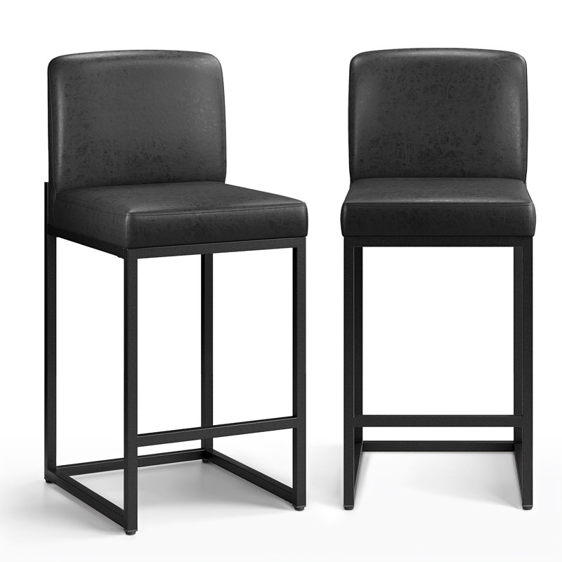 24" Modern Upholstered Kitchen Counter Stool with Black Metal Sled Base & Black Faux Leather (Set of 2), Black, 2, Black