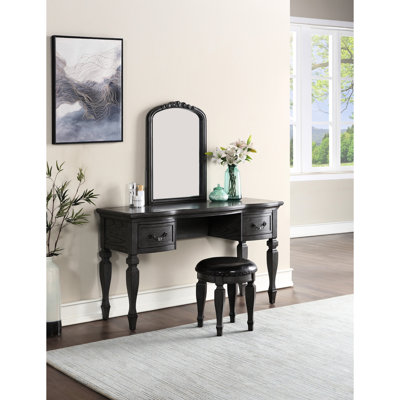 Meuble-lavabo de luxe en noir avec miroir en bois et tabouret de rangement rembourré gris antique classique