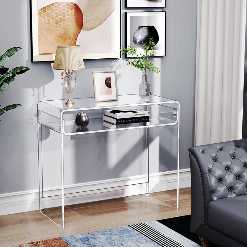  Diane 33.5'' W Rectangle Writing Desk, Modern Rectangle Acrylic Side Desk, 2 Tiers Clear End Table with Storage Shelf, Clear