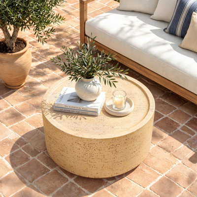 28" Magnesium Oxide Patio Coffee Table, Waterproof, For Living Room, Outdoor, Round, Beige