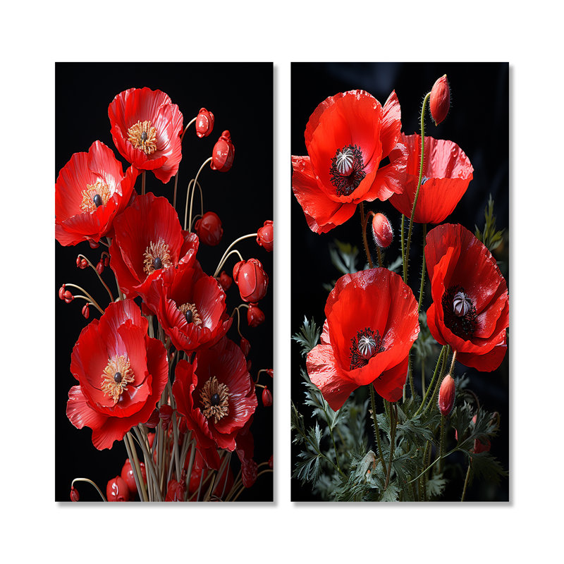 Cascading Reds Dynamic Poppy Scene I - Poppies Canvas Art Print Set Of 2, Wrapped Canvas, 28" H x 25" W
