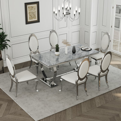 7 Piece Luxury White And Gold Dining Table Set With 6 White Leather Dining Chairs