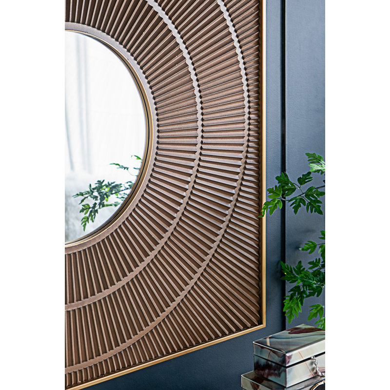 Square Carved Mirror With Pleated Design, Neutral Colorway Wall Decor, Gold/Brown