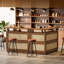 Table de bar en L en rotin avec tablette de rangement à 4 niveaux, unité de bar à la maison avec 2 supports à verres à pied et base surélevée pour la maison / cuisine / pub, brun
