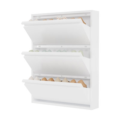 Armoire à chaussures en acier au carbone ultra-mince de 6 po avec 3 tiroirs rabattables, rangement ventilé à dos ouvert, support mural ou support de plancher pour entrée, blanc
