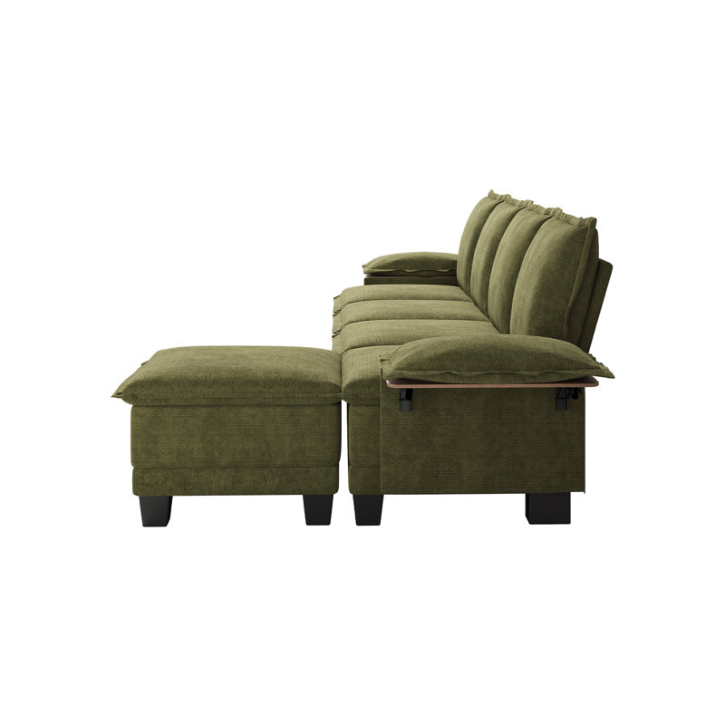 Modern L-Shaped Waterproof Chenille Sofa with Ottoman and Built-in Tables for Living Room, 35" H x 122" W x 57.5" D, Green