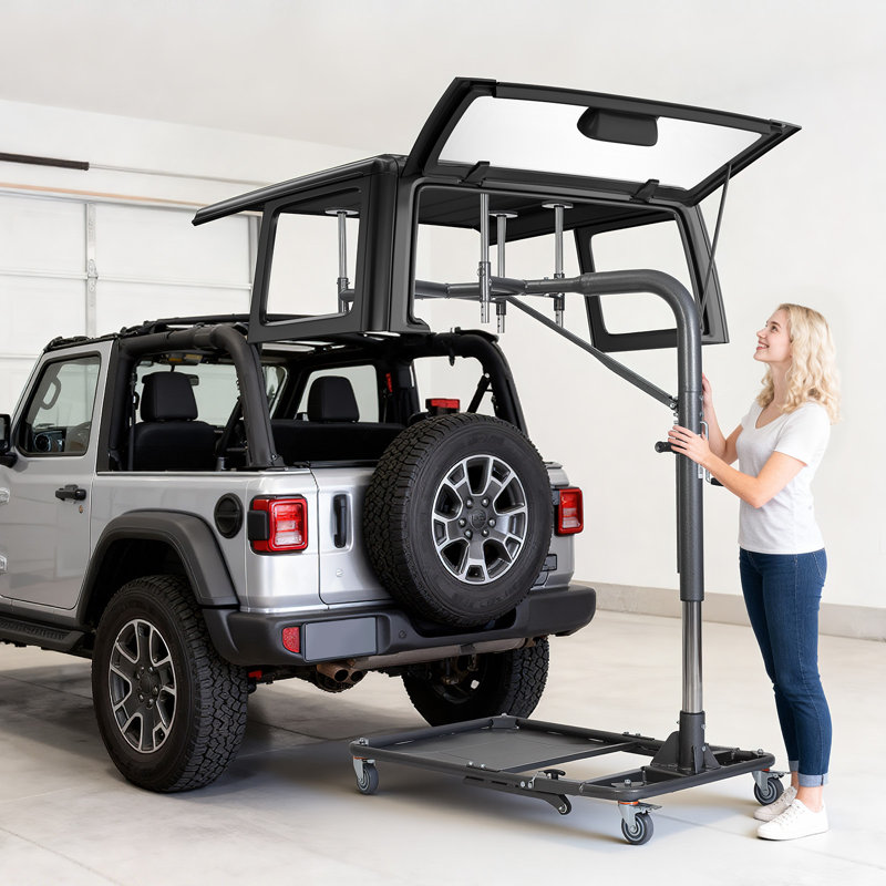 Hard Top Remover Lift, 220 lbs, Foldable Jeep Hardtop Removal and Storage System, Easy One-Person Operation, Adjustable Height, for Jeep Wrangler YJ, TJ, JK, JL, 4XE, Ford Bronco 4 Door & 6 Gen+
