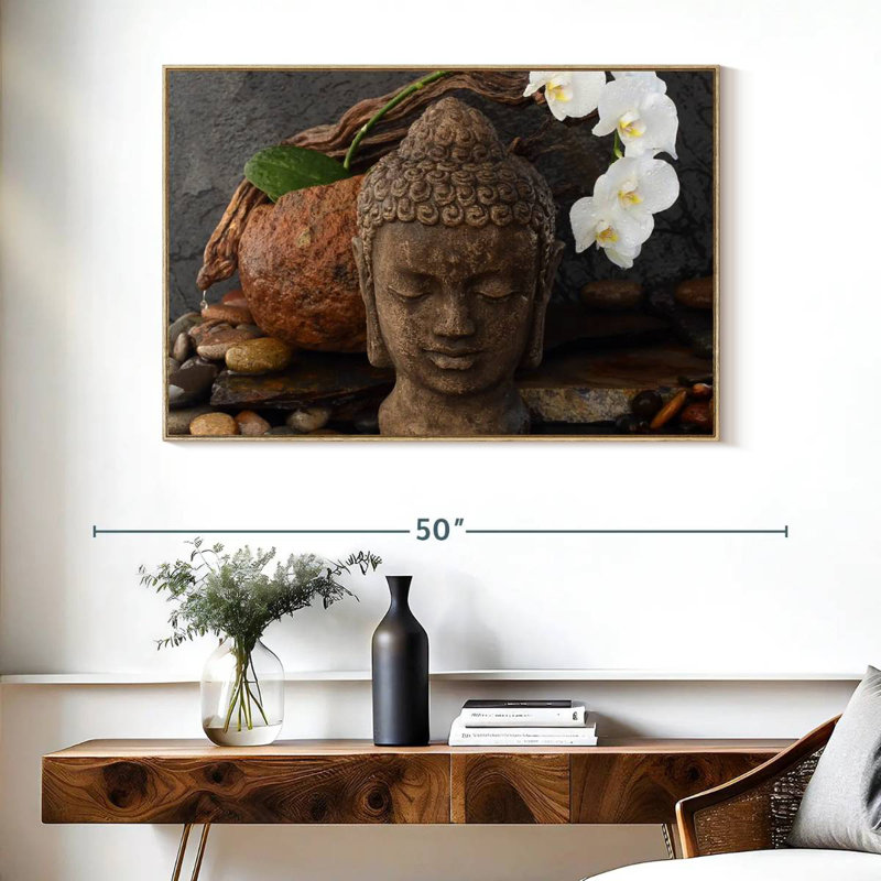 Buddha Head Sculpture, Floating Frame Natural Wood, 40" X 27"