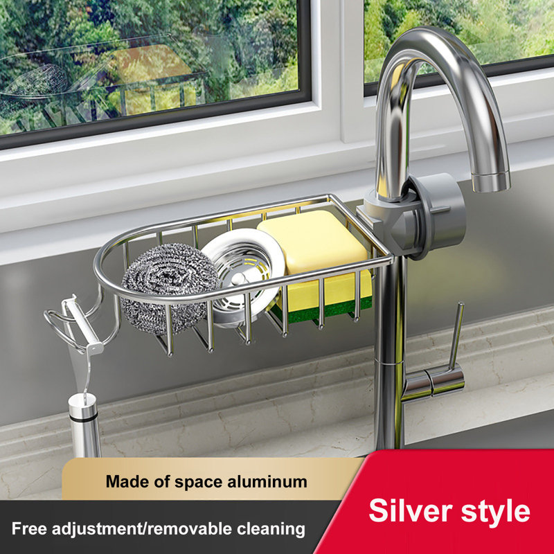 Support de rangement pour robinet d'évier de cuisine en aluminium, Argent