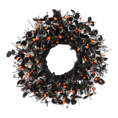 22.00"DHalloween Eucalyptus Pumpkin Bat Wreath  Includes a Complimentary Black Metal Wreath Hanger