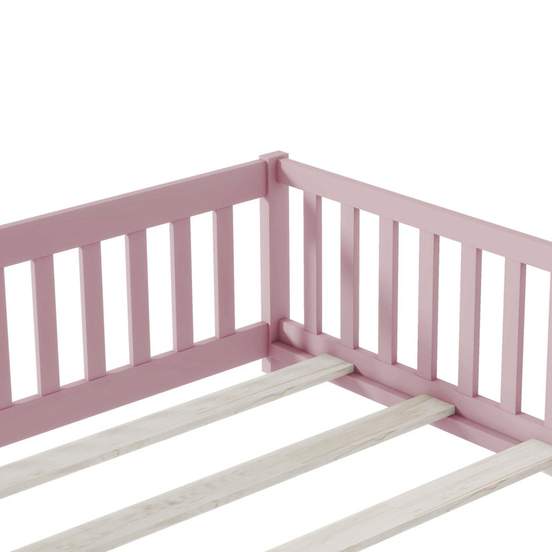 Lit grand format en bois d'hévéa avec clôture et porte, garde-corps de sécurité, rose, Rose
