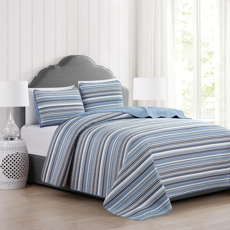 Ensemble de courtepointe réversible en microfibre bleu / gris Elise, Courtepointe très grand et 2 très grandes taies 