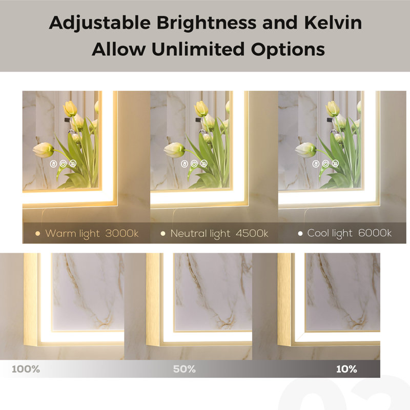 Front LED Anti-Fog Bathroom Vanity Mirror with Beveled Metal Framed, 36" x 36", Brushed Gold, Square