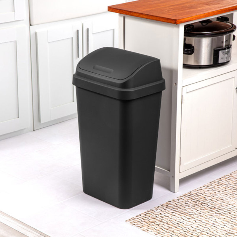Sterilite 13 Gallon Swing Top Lidded Wastebasket Kitchen Trash Can, Black , Black
