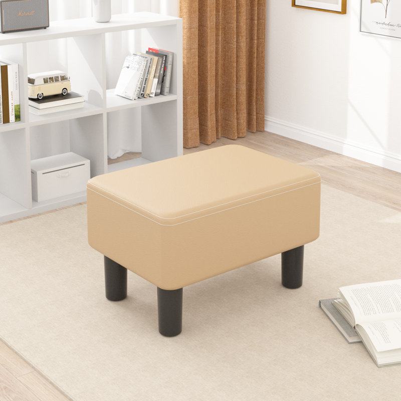 Leather Ottoman Small Footstool Rectangle Stool With Padded Seat, Beige