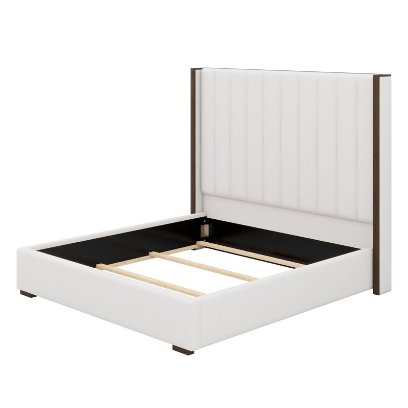 Tall Headboard Upholstered Bed With Vertical Striped And Wingback Design