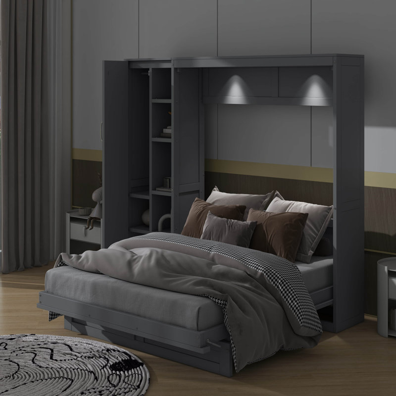 Lit escamotable mural Murphy avec tablettes, garde-robe et lumières DEL, Gris, Double