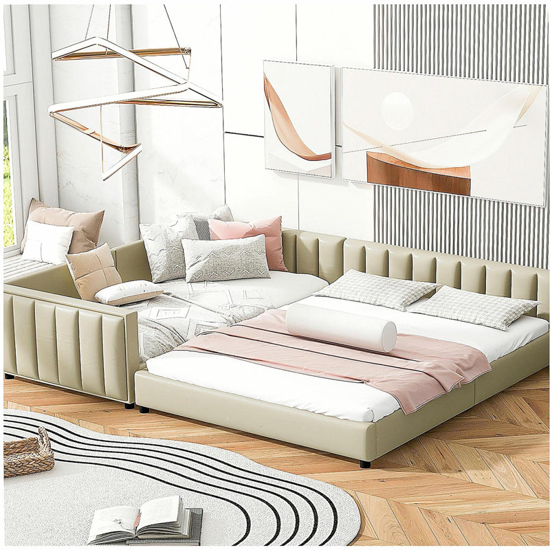 Grand lit double et très grand lit simple, lit familial, similicuir, Beige