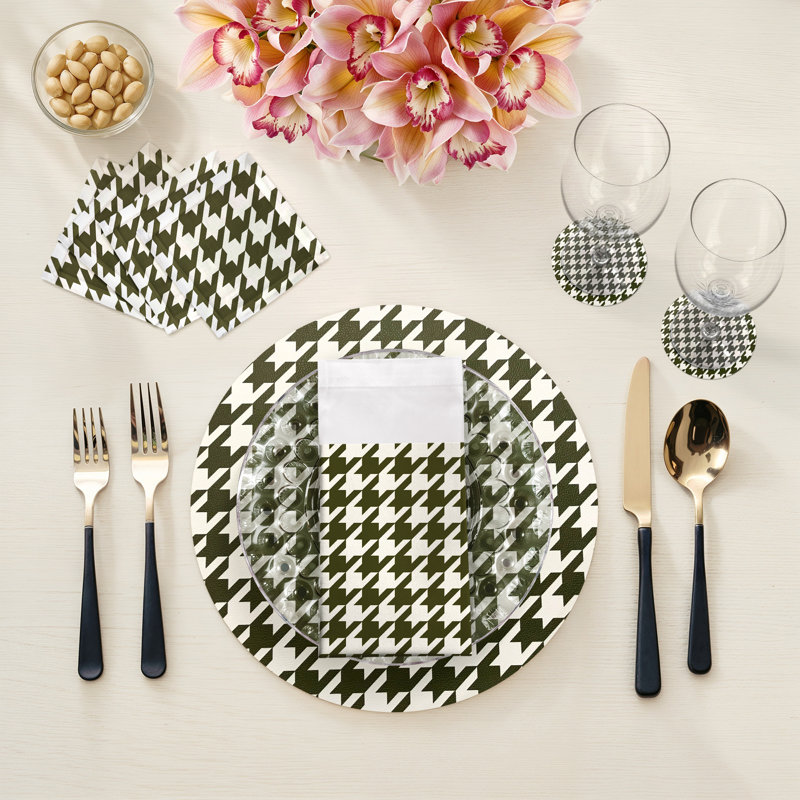 Houndstooth Black White Vegan Leather Round Coasters, Green White