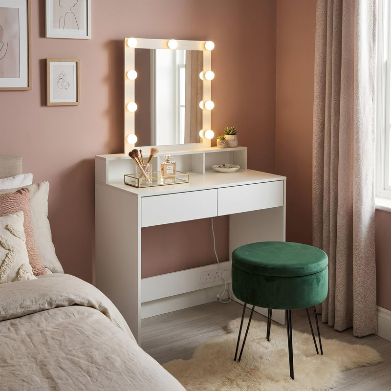 Harbour Housewares Wooden Dressing Table Set with LED Lights - White, Green/White