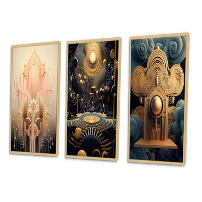 "Art Nouveau, géométrie en or et rose", 3 pièces sur toile