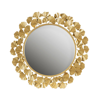 30.5" Gold Leaf Round Wall Mirror, Iron Frame With Keyhole For Hanging In Living Room, Mirrored On Fixture, Decor