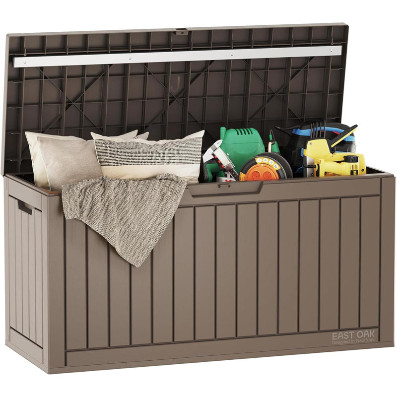 Boîte de rangement extérieure, boîte de rangement de 60 gallons pour utilisation intérieure et extérieure, bac de rangement en résine imperméable pour coussins de patio, outils de jardinage, verrouillable, résistant aux rayons UV,